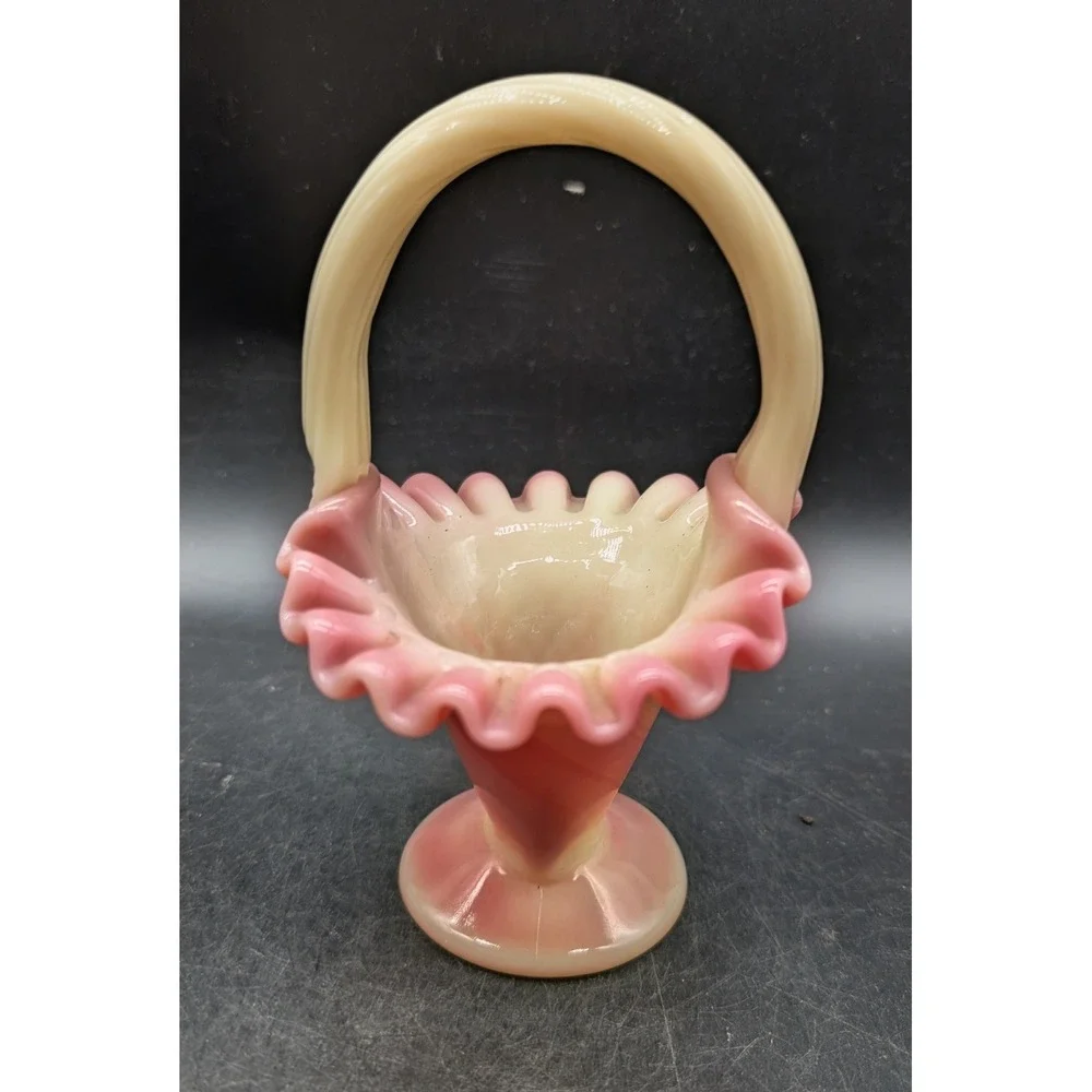 Vintage Fenton Pink Burmese Uranium Glass Basket Ruffled Rim Waffle Base 6 5
